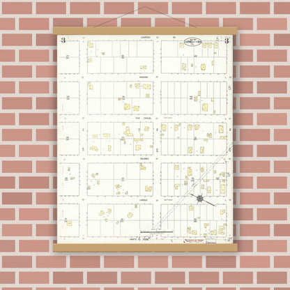Old map wall art mockup — magnetic wood frame on brick wall — Sanborn Fire Insurance Map from Carmel By The Sea, Monterey County, California (1924), Sheet #0003