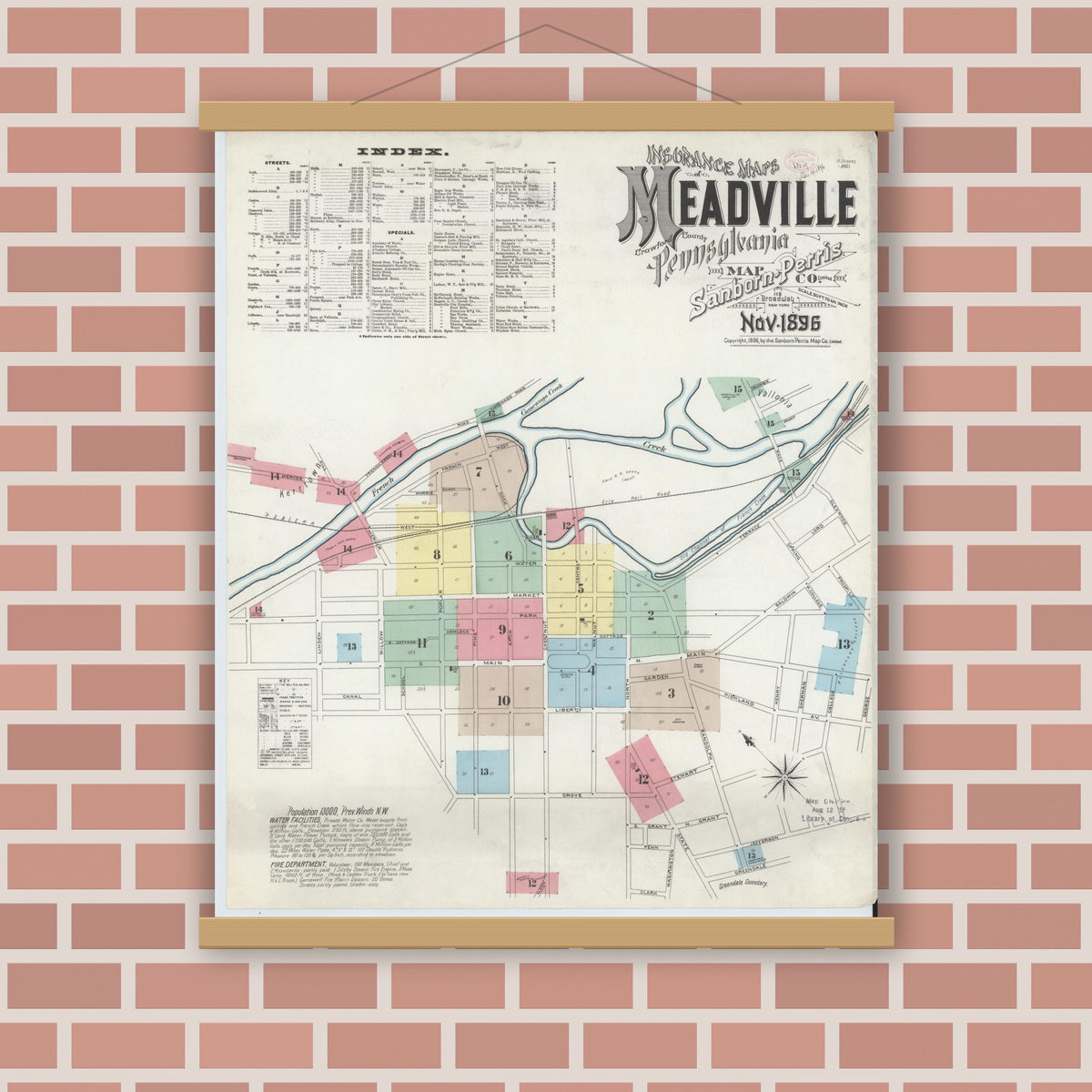 Old map wall art mockup — magnetic wood frame on brick wall — Sanborn Fire Insurance Map from Meadville, Crawford County, Pennsylvania (1896), Sheet #0001