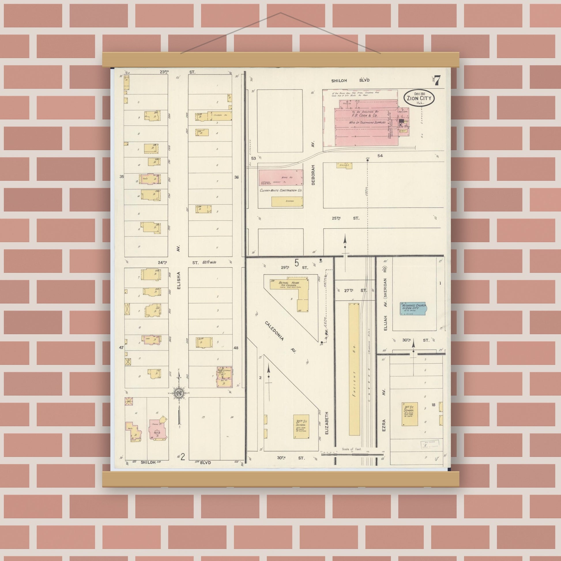 Old map wall art mockup — magnetic wood frame on brick wall — Sanborn Fire Insurance Map from Zion, Lake County, Illinois (1911), Sheet #0007