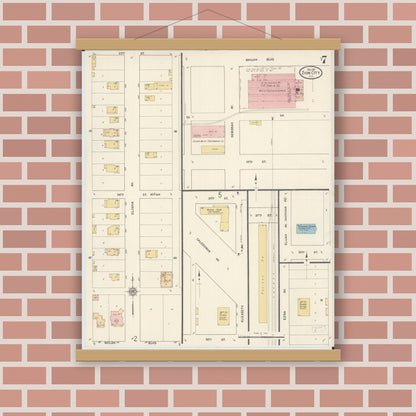 Old map wall art mockup — magnetic wood frame on brick wall — Sanborn Fire Insurance Map from Zion, Lake County, Illinois (1911), Sheet #0007