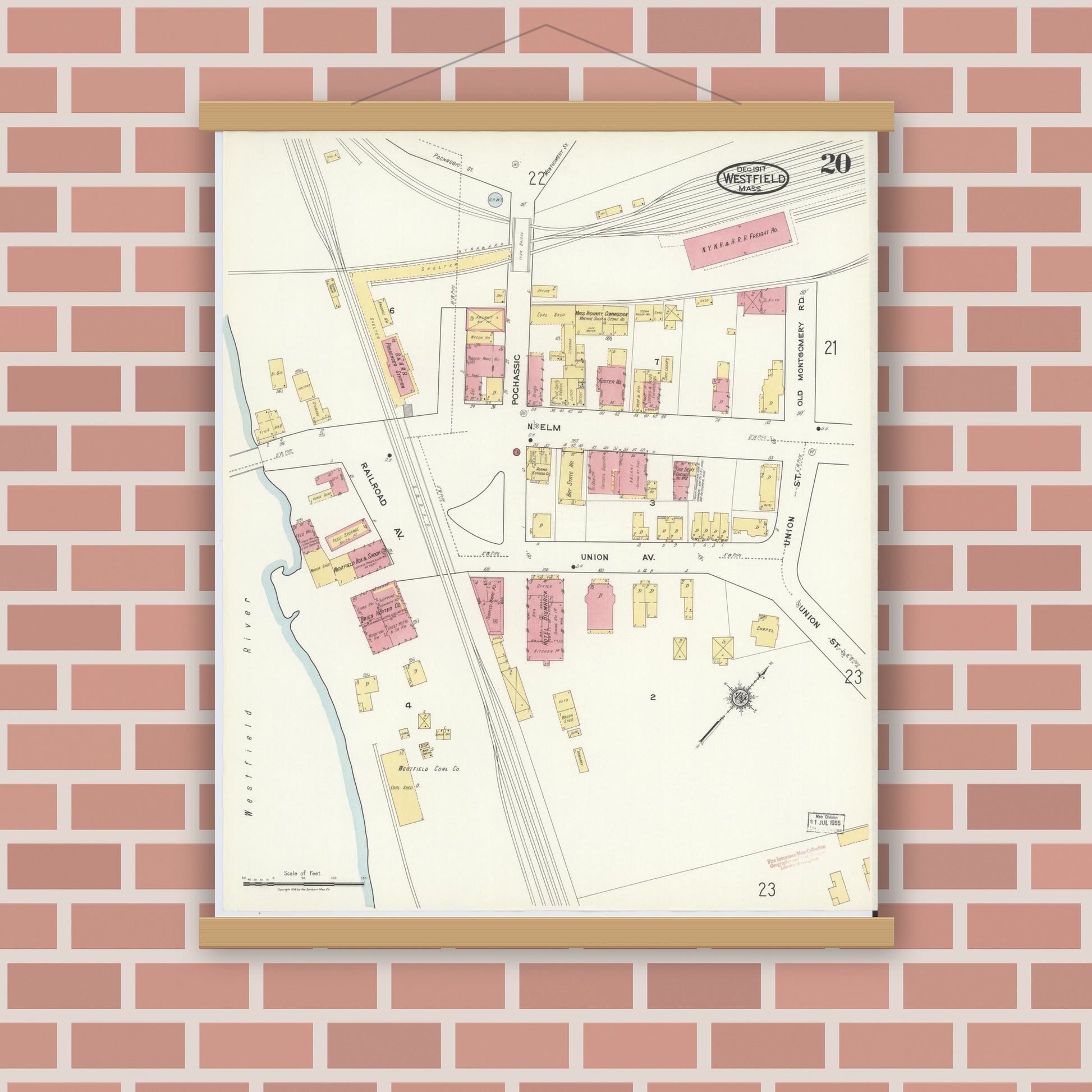 Old map wall art mockup — magnetic wood frame on brick wall — Sanborn Fire Insurance Map from Westfield, Hampden County, Massachusetts (1917), Sheet #0020