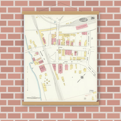 Old map wall art mockup — magnetic wood frame on brick wall — Sanborn Fire Insurance Map from Westfield, Hampden County, Massachusetts (1917), Sheet #0020