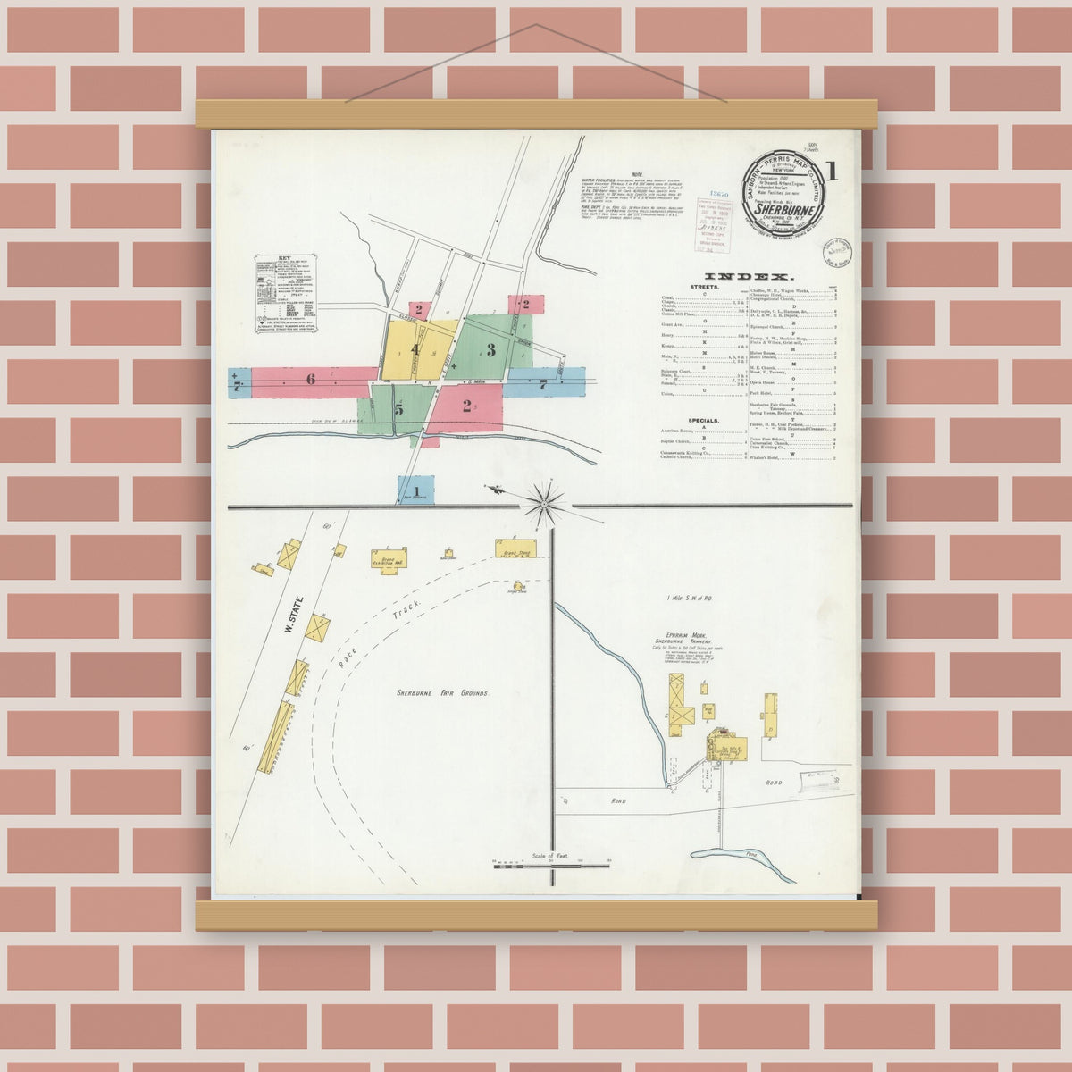 Old map wall art mockup — magnetic wood frame on brick wall — Sanborn Fire Insurance Map from Sherburne, Chenango County, New York (1900) - Complete Map Set