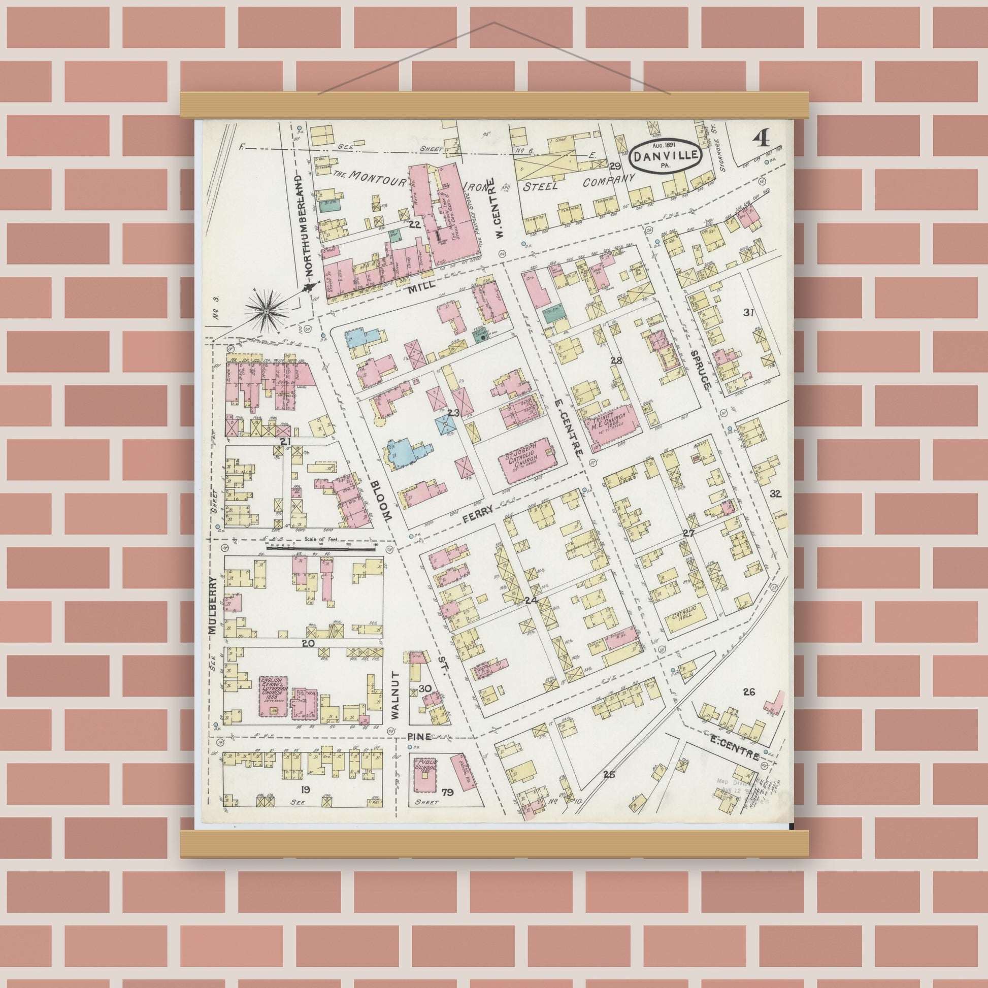 Old map wall art mockup — magnetic wood frame on brick wall — Sanborn Fire Insurance Map from Danville, Montour County, Pennsylvania (1891), Sheet #0004