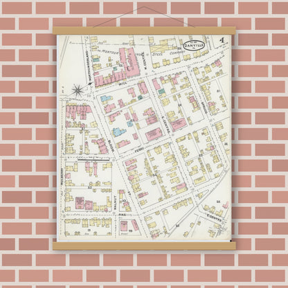 Old map wall art mockup — magnetic wood frame on brick wall — Sanborn Fire Insurance Map from Danville, Montour County, Pennsylvania (1891), Sheet #0004