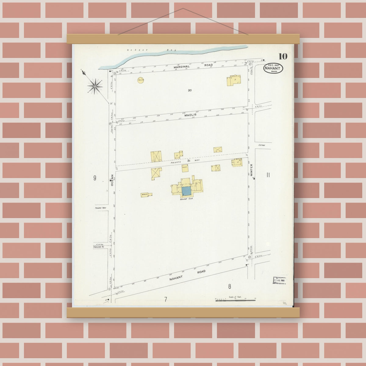 Old map wall art mockup — magnetic wood frame on brick wall — Sanborn Fire Insurance Map from Nahant, Essex County, Massachusetts (1907), Sheet #0010