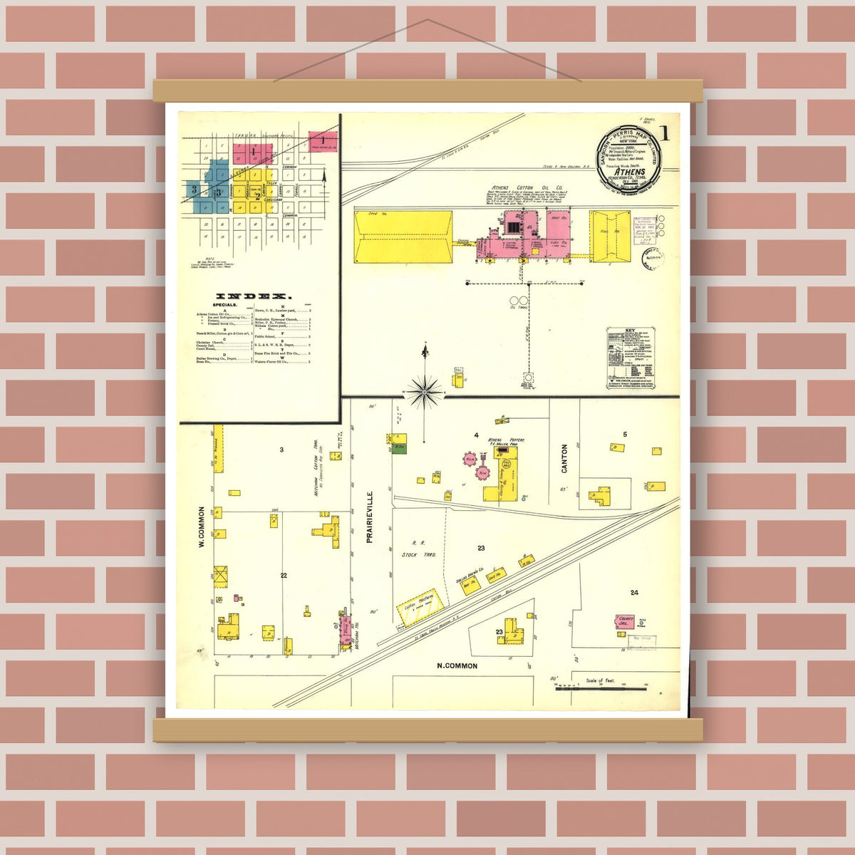 Old map wall art mockup — magnetic wood frame on brick wall — Sanborn Fire Insurance Map from Athens, Henderson County, Texas (1901), Sheet #0001