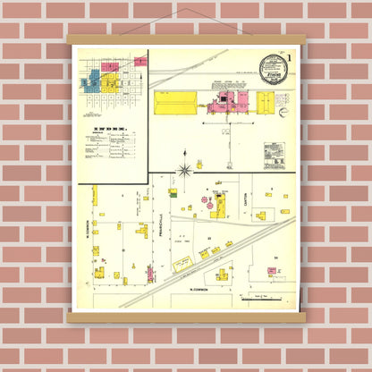 Old map wall art mockup — magnetic wood frame on brick wall — Sanborn Fire Insurance Map from Athens, Henderson County, Texas (1901), Sheet #0001
