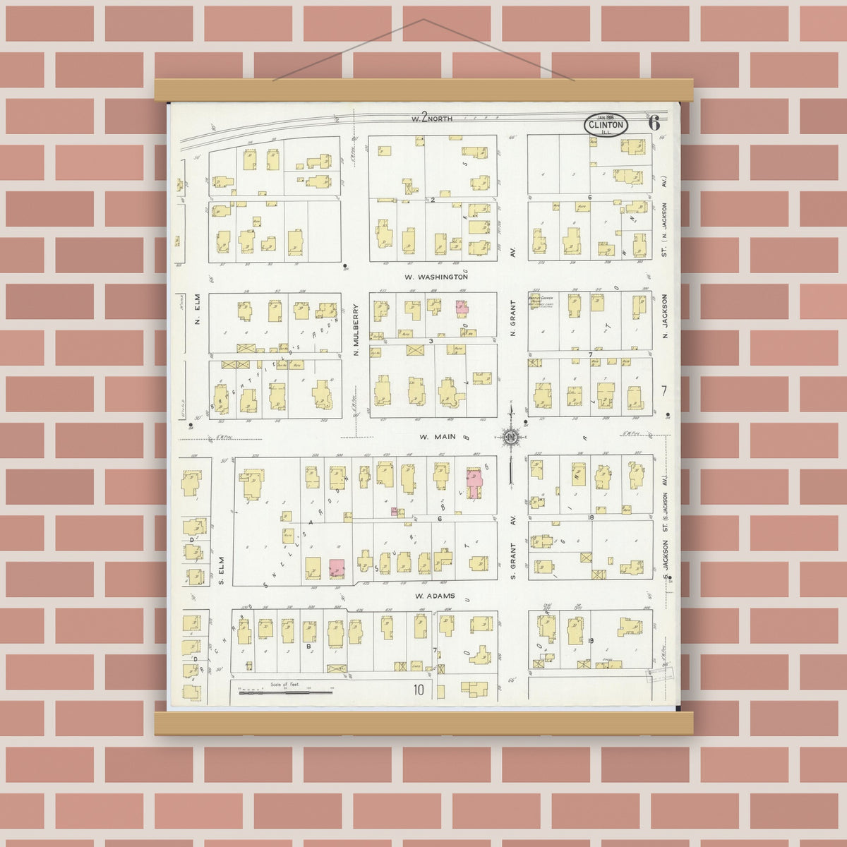 Old map wall art mockup — magnetic wood frame on brick wall — Sanborn Fire Insurance Map from Clinton, De Witt County, Illinois (1916), Sheet #0006