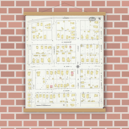 Old map wall art mockup — magnetic wood frame on brick wall — Sanborn Fire Insurance Map from Clinton, De Witt County, Illinois (1916), Sheet #0006