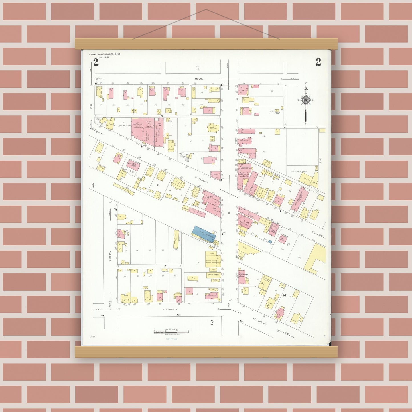 Old map wall art mockup — magnetic wood frame on brick wall — Sanborn Fire Insurance Map from Canal Winchester, Franklin County, Ohio (1941), Sheet #0002