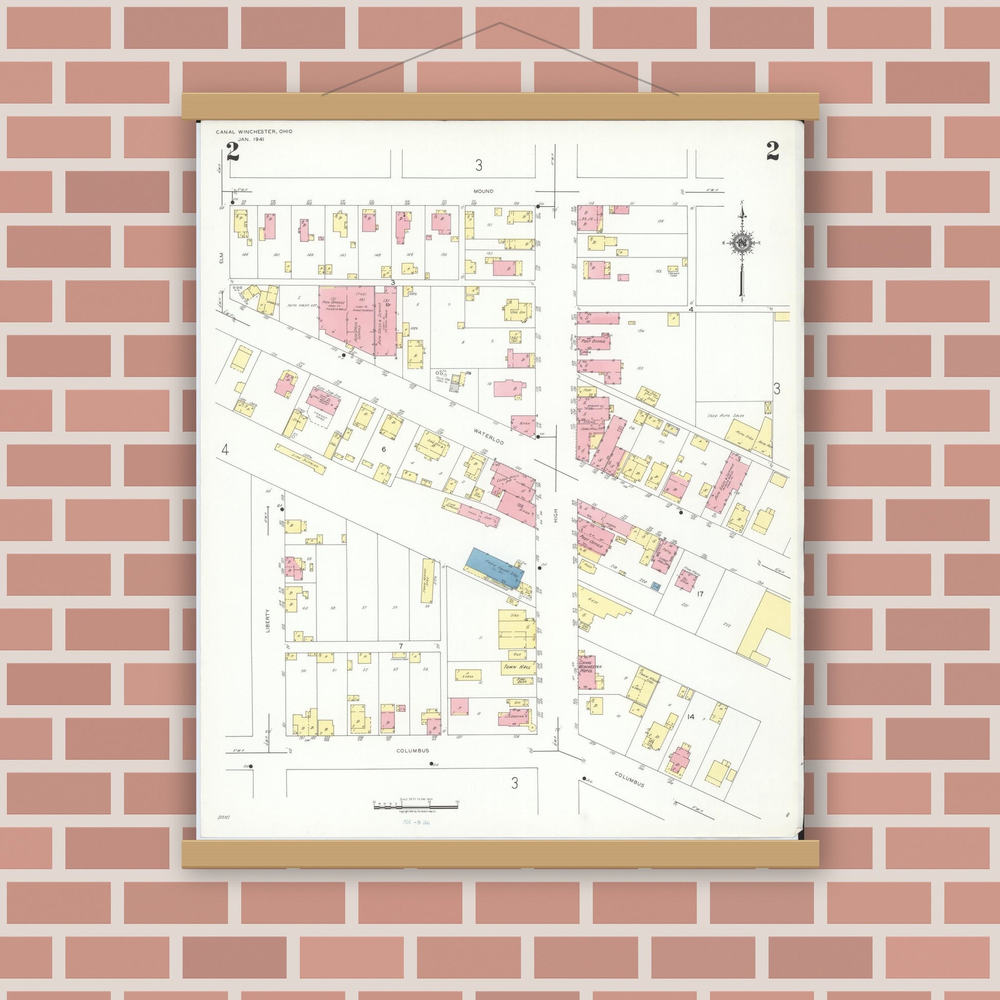 Old map wall art mockup — magnetic wood frame on brick wall — Sanborn Fire Insurance Map from Canal Winchester, Franklin County, Ohio (1941), Sheet #0002