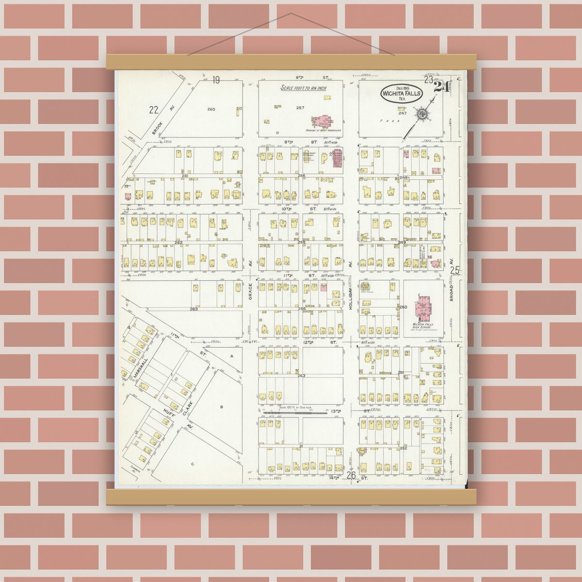 Old map wall art mockup — magnetic wood frame on brick wall — Sanborn Fire Insurance Map from Wichita Falls, Wichita County, Texas (1915), Sheet #0024