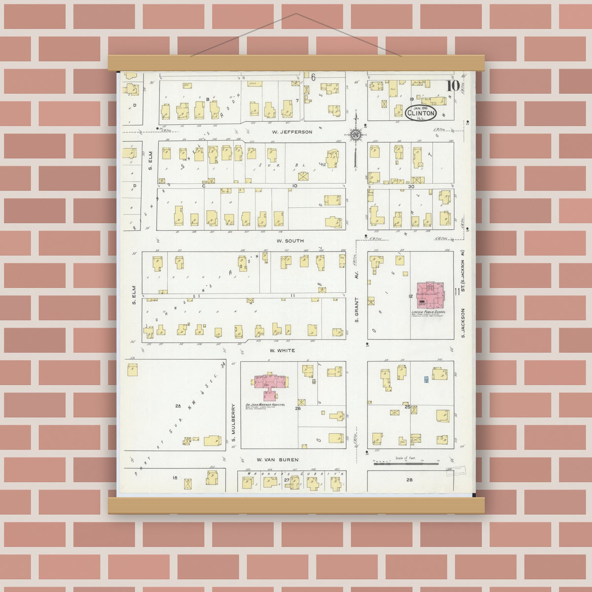 Old map wall art mockup — magnetic wood frame on brick wall — Sanborn Fire Insurance Map from Clinton, De Witt County, Illinois (1916), Sheet #0010