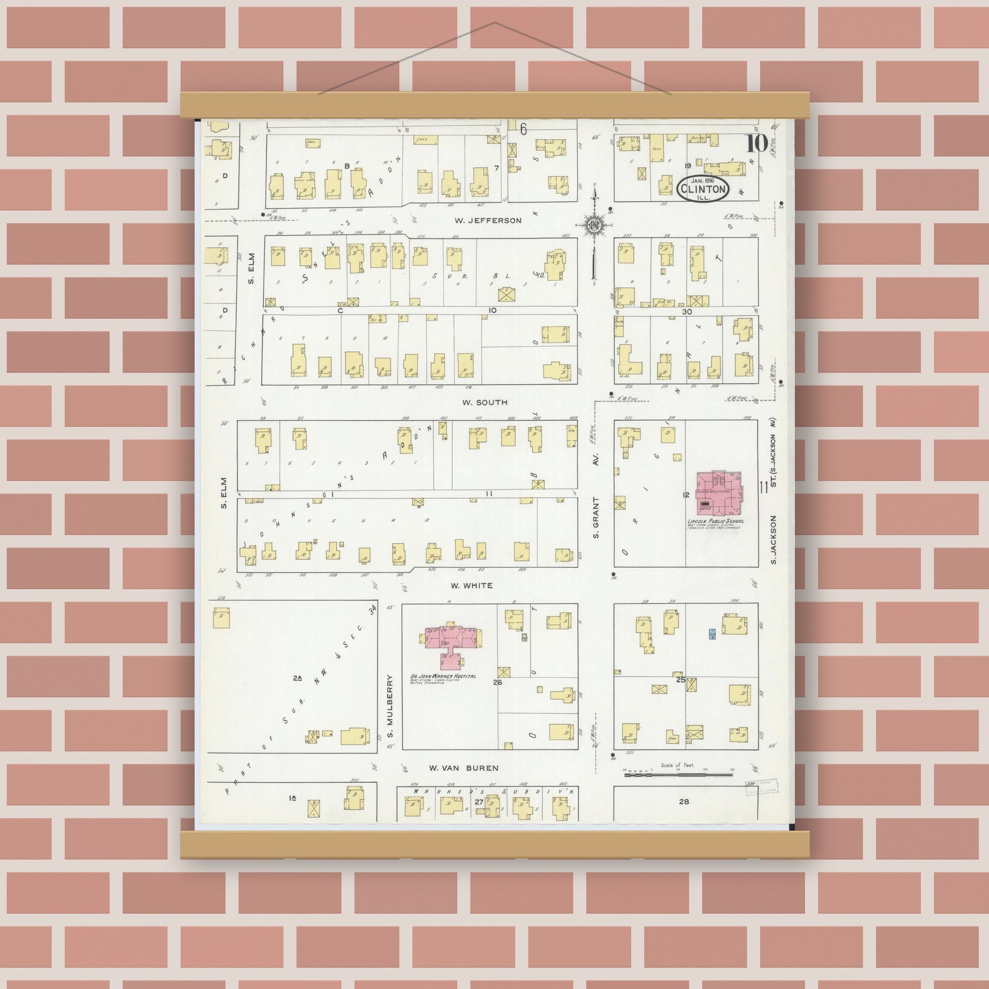 Old map wall art mockup — magnetic wood frame on brick wall — Sanborn Fire Insurance Map from Clinton, De Witt County, Illinois (1916), Sheet #0010