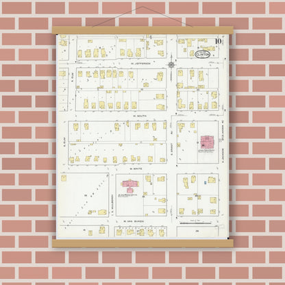Old map wall art mockup — magnetic wood frame on brick wall — Sanborn Fire Insurance Map from Clinton, De Witt County, Illinois (1916), Sheet #0010