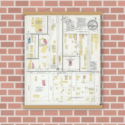 Old map wall art mockup — magnetic wood frame on brick wall — Sanborn Fire Insurance Map from Deckerville, Sanilac County, Michigan (1919), Sheet #0001