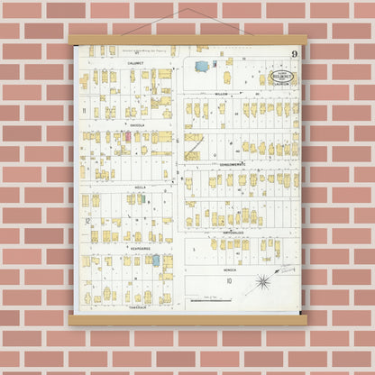 Old map wall art mockup — magnetic wood frame on brick wall — Sanborn Fire Insurance Map from Red Jacket, Houghton County, Michigan (1900), Sheet #0009