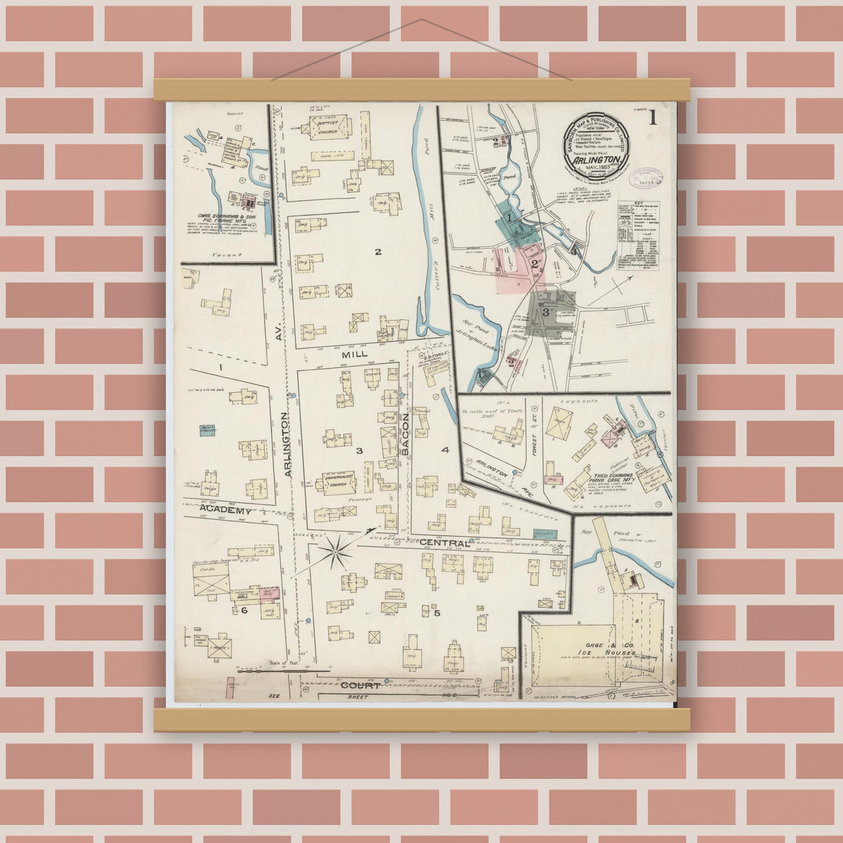 Old map wall art mockup — magnetic wood frame on brick wall — Sanborn Fire Insurance Map from Arlington, Middlesex County, Massachusetts (1885), Sheet #0001