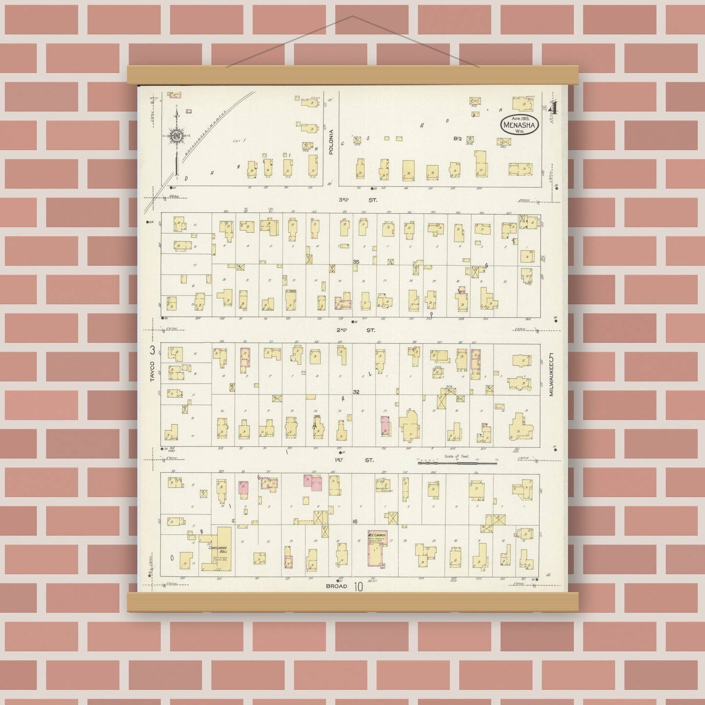 Old map wall art mockup — magnetic wood frame on brick wall — Sanborn Fire Insurance Map from Menasha, Winnebago County, Wisconsin (1913), Sheet #0004