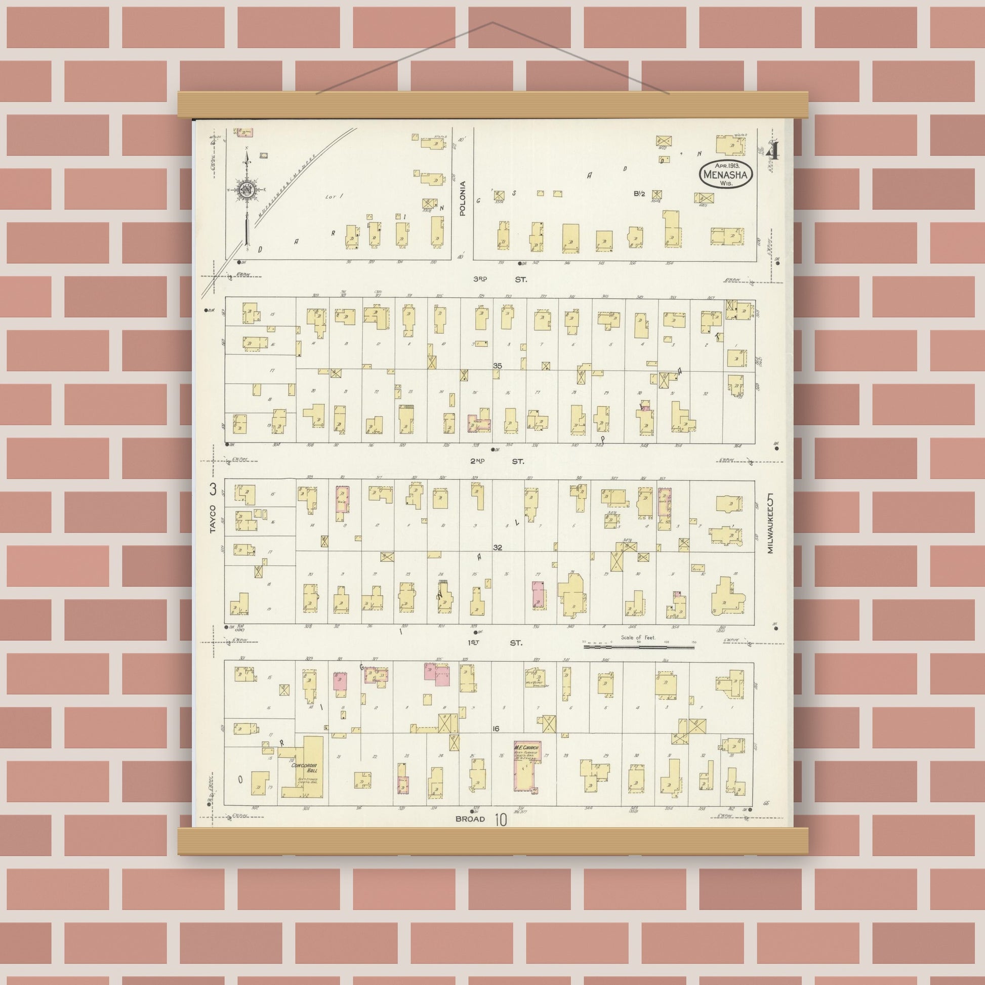 Old map wall art mockup — magnetic wood frame on brick wall — Sanborn Fire Insurance Map from Menasha, Winnebago County, Wisconsin (1913), Sheet #0004