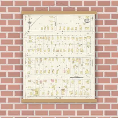 Old map wall art mockup — magnetic wood frame on brick wall — Sanborn Fire Insurance Map from Menasha, Winnebago County, Wisconsin (1913), Sheet #0004
