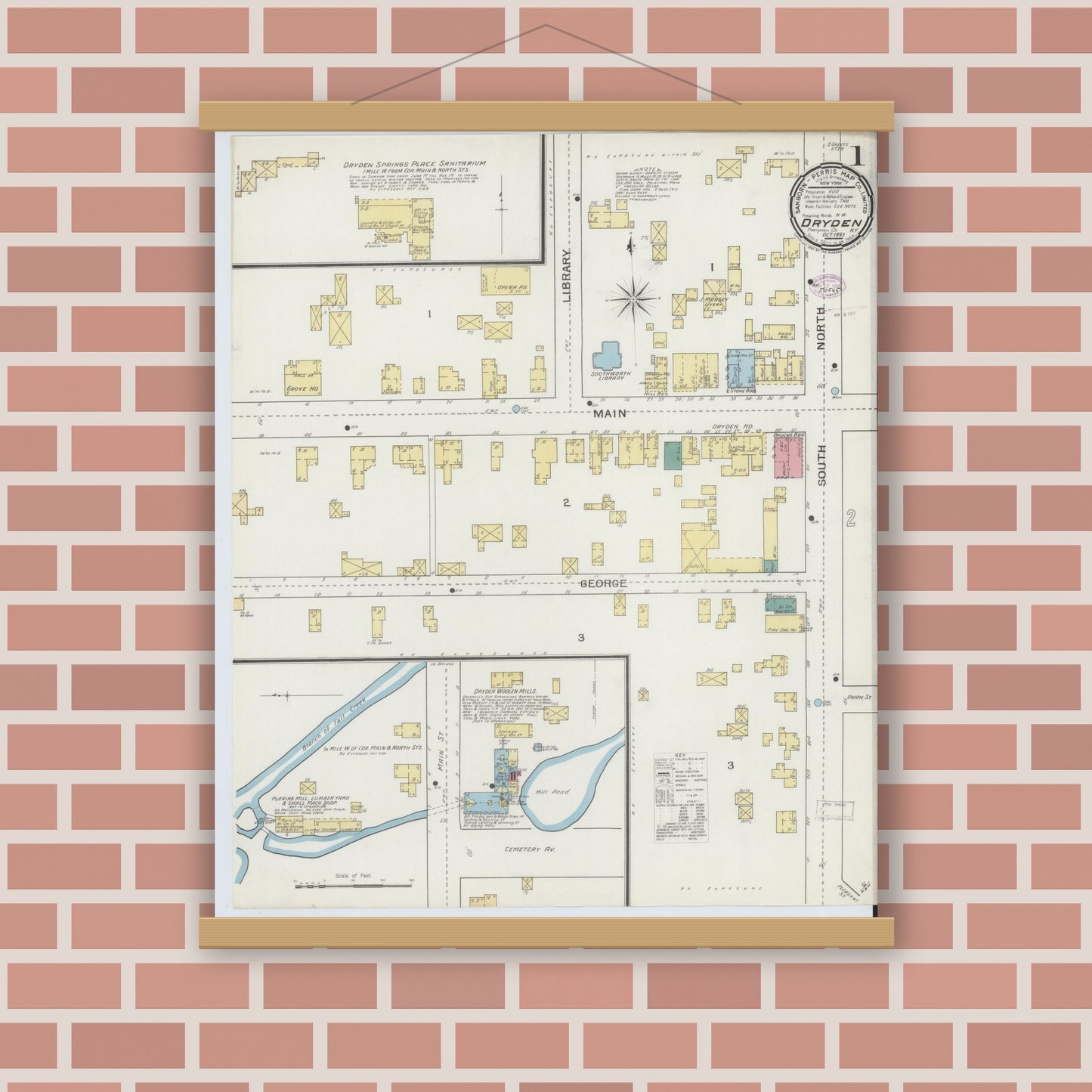 Old map wall art mockup — magnetic wood frame on brick wall — Sanborn Fire Insurance Map from Dryden, Tompkins County, New York (1893), Sheet #0001