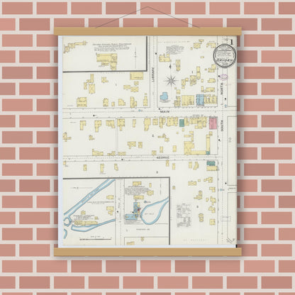 Old map wall art mockup — magnetic wood frame on brick wall — Sanborn Fire Insurance Map from Dryden, Tompkins County, New York (1893), Sheet #0001