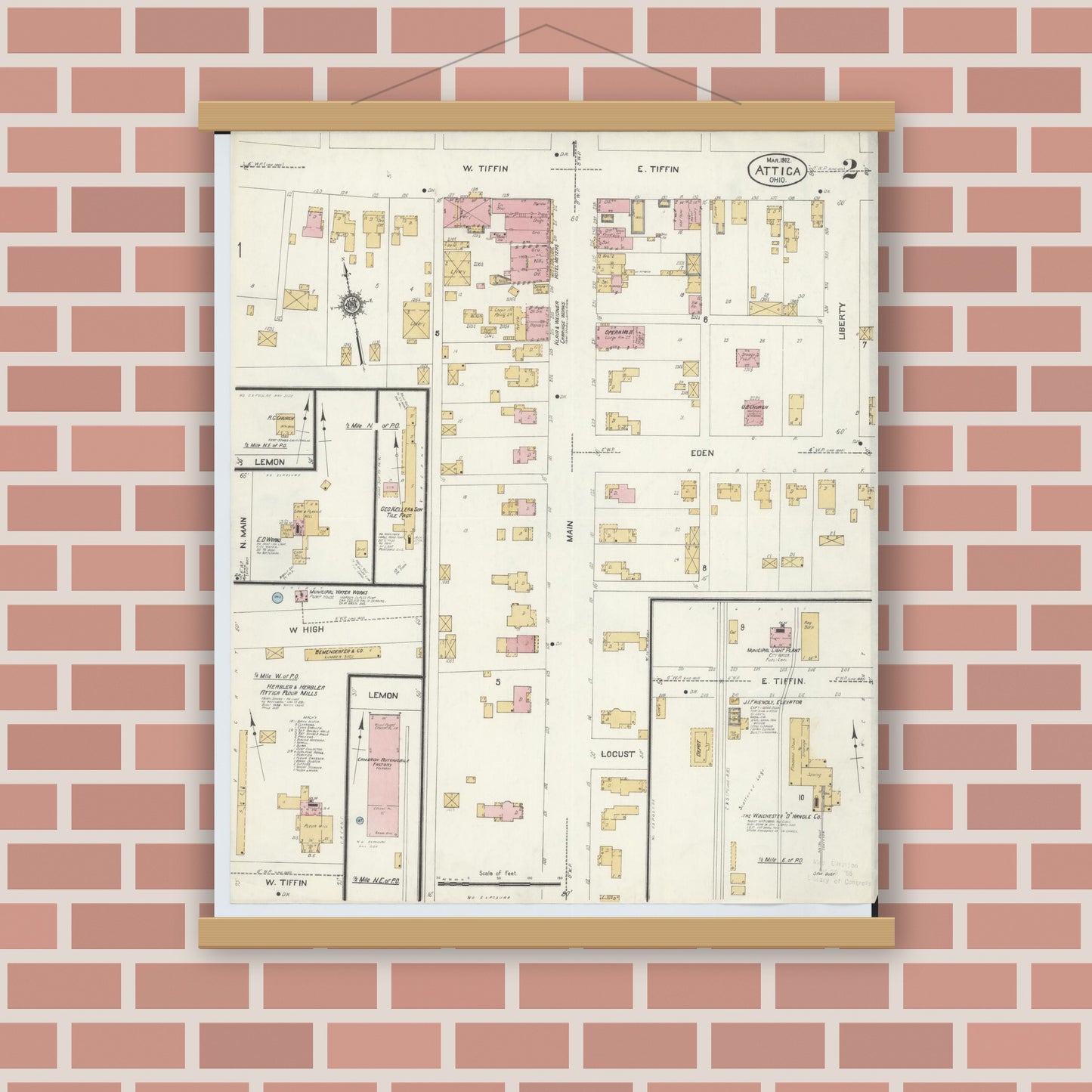 Old map wall art mockup — magnetic wood frame on brick wall — Sanborn Fire Insurance Map from Attica, Seneca County, Ohio (1912), Sheet #0002