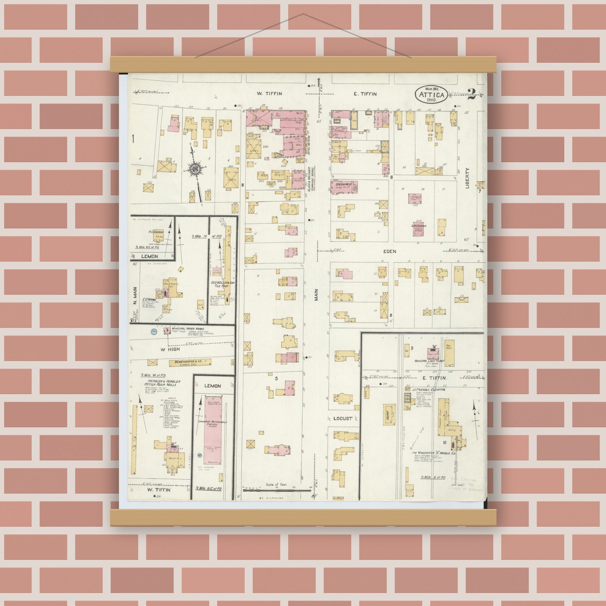 Old map wall art mockup — magnetic wood frame on brick wall — Sanborn Fire Insurance Map from Attica, Seneca County, Ohio (1912), Sheet #0002