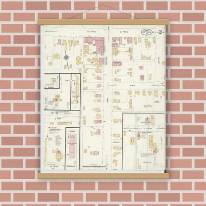Old map wall art mockup — magnetic wood frame on brick wall — Sanborn Fire Insurance Map from Attica, Seneca County, Ohio (1912), Sheet #0002