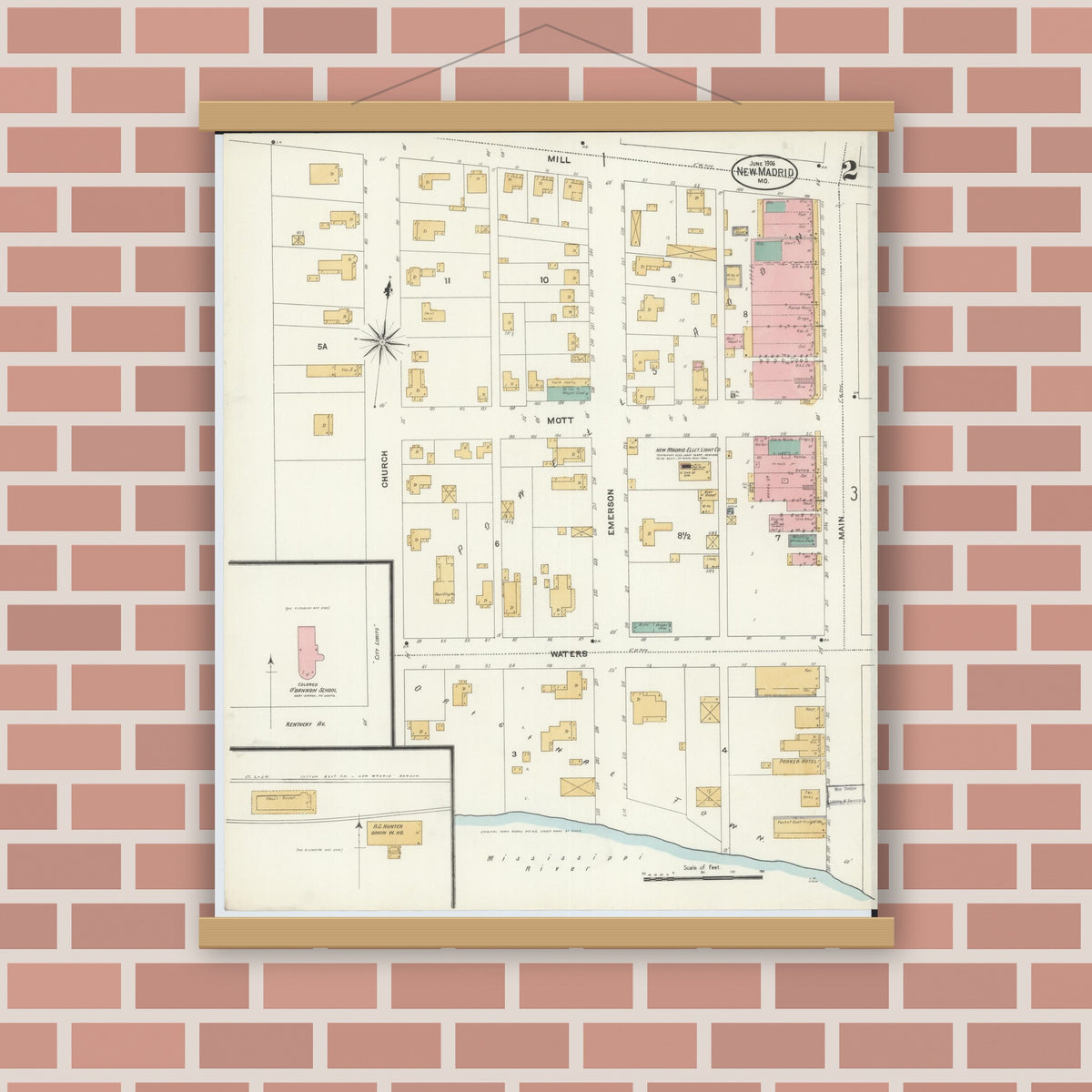 Old map wall art mockup — magnetic wood frame on brick wall — Sanborn Fire Insurance Map from New Madrid, New Madrid County, Missouri (1906), Sheet #0002