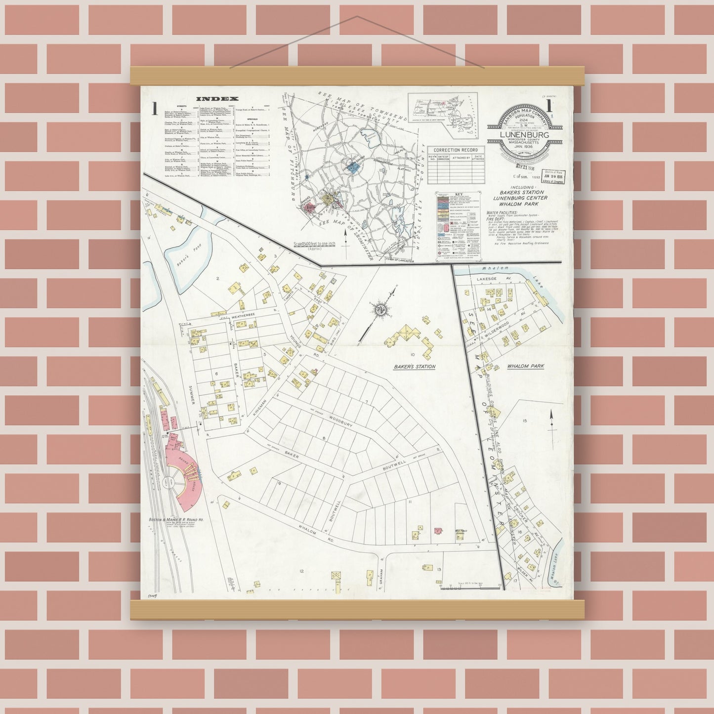 Old map wall art mockup — magnetic wood frame on brick wall — Sanborn Fire Insurance Map from Lunenburg, Worcester County, Massachusetts (1936) - Complete Map Set