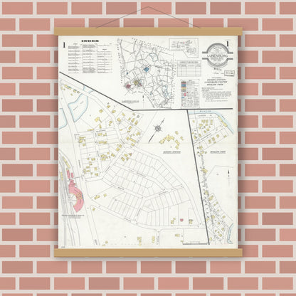 Old map wall art mockup — magnetic wood frame on brick wall — Sanborn Fire Insurance Map from Lunenburg, Worcester County, Massachusetts (1936) - Complete Map Set