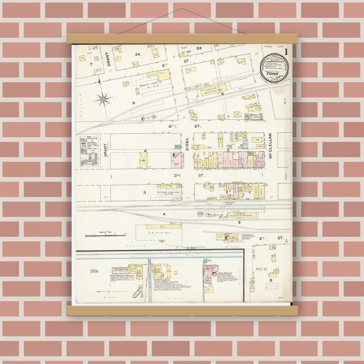 Old map wall art mockup — magnetic wood frame on brick wall — Sanborn Fire Insurance Map from Tama, Tama County, Iowa (1888) â€” Complete Set