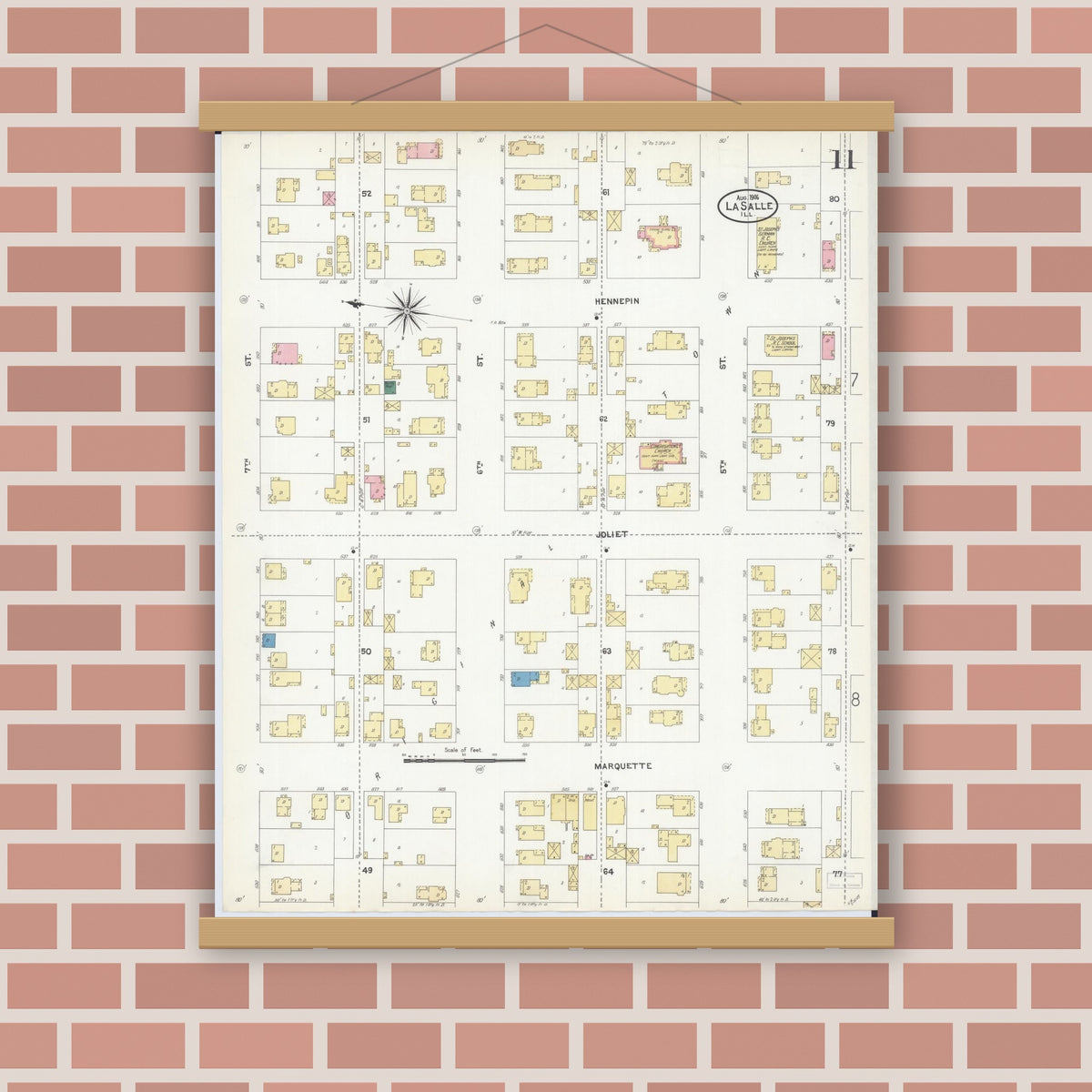 Old map wall art mockup — magnetic wood frame on brick wall — Sanborn Fire Insurance Map from La Salle, La Salle County, Illinois (1906), Sheet #0011