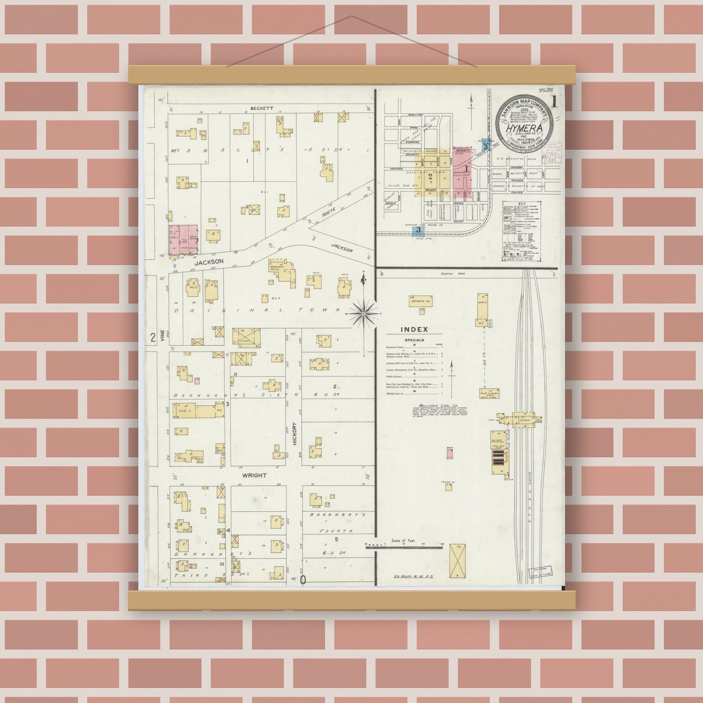 Old map wall art mockup — magnetic wood frame on brick wall — Sanborn Fire Insurance Map from Hymera, Sullivan County, Indiana (1904) - Complete Map Set