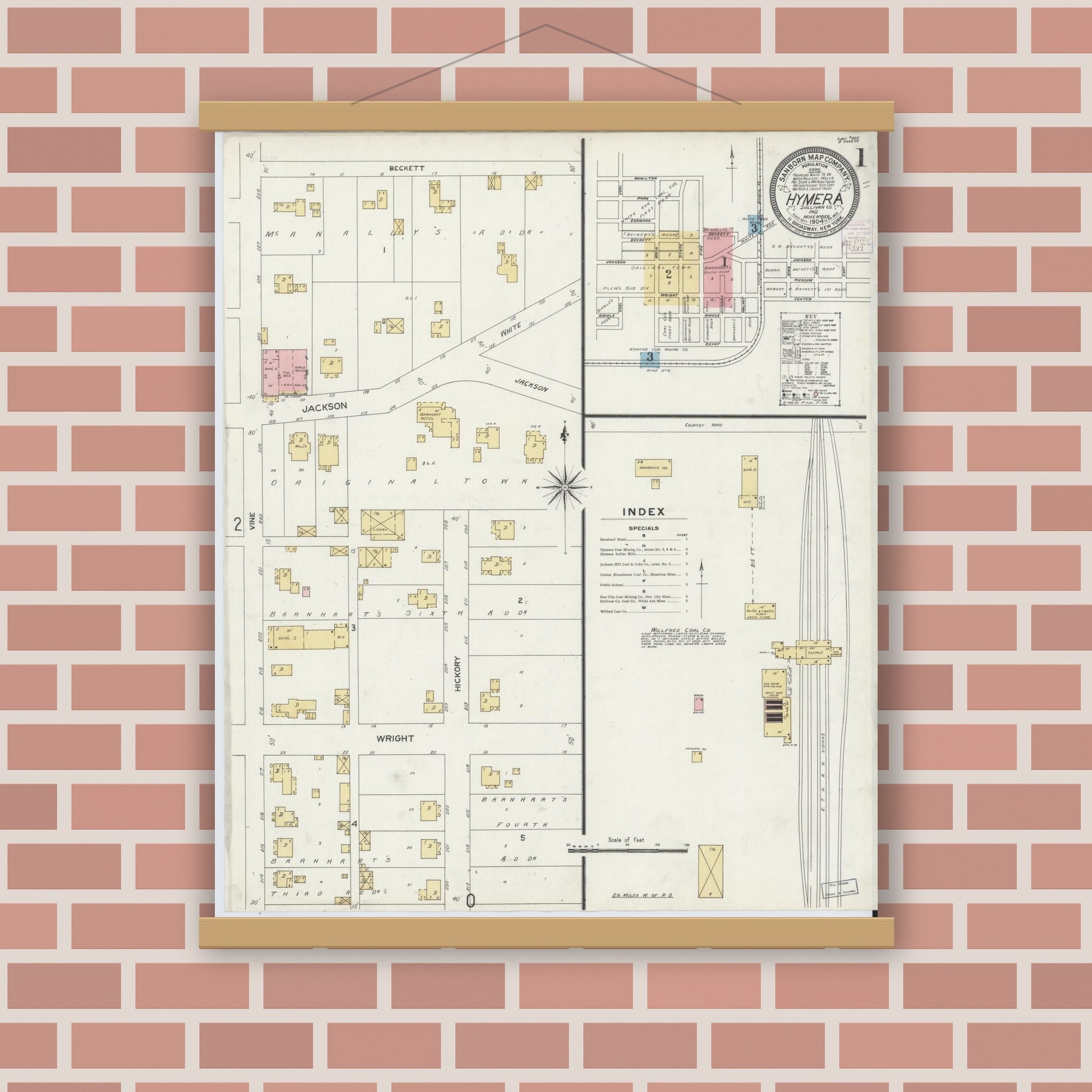 Old map wall art mockup — magnetic wood frame on brick wall — Sanborn Fire Insurance Map from Hymera, Sullivan County, Indiana (1904) - Complete Map Set