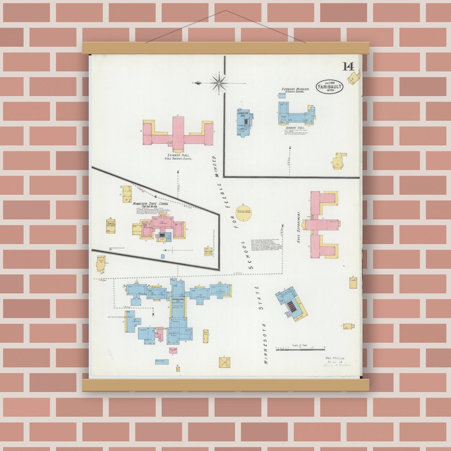 Old map wall art mockup — magnetic wood frame on brick wall — Sanborn Fire Insurance Map from Faribault, Rice County, Minnesota (1899), Sheet #0014