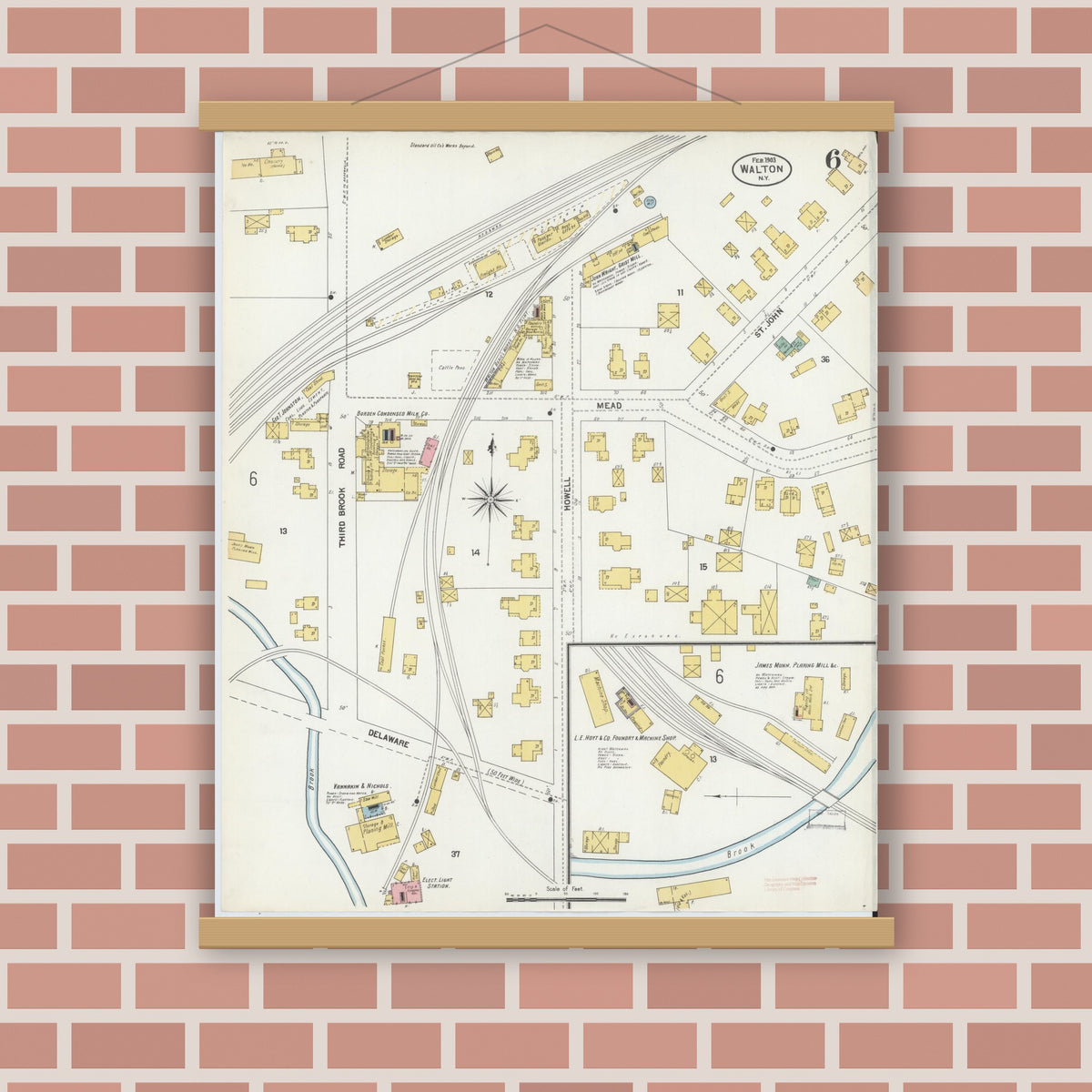 Old map wall art mockup — magnetic wood frame on brick wall — Sanborn Fire Insurance Map from Walton, Delaware County, New York (1903), Sheet #0006