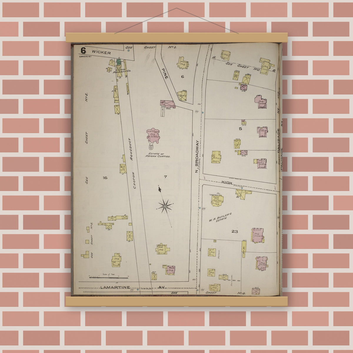 Old map wall art mockup — magnetic wood frame on brick wall — Sanborn Fire Insurance Map from Yonkers, Westchester County, New York (1886), Sheet #0006