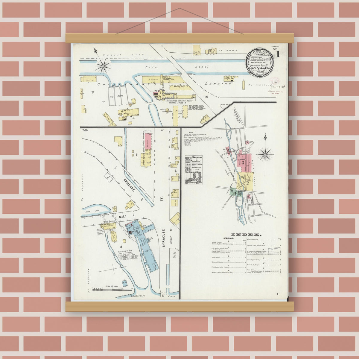 Old map wall art mockup — magnetic wood frame on brick wall — Sanborn Fire Insurance Map from Chittenango, Madison County, New York (1895) - Complete Map Set