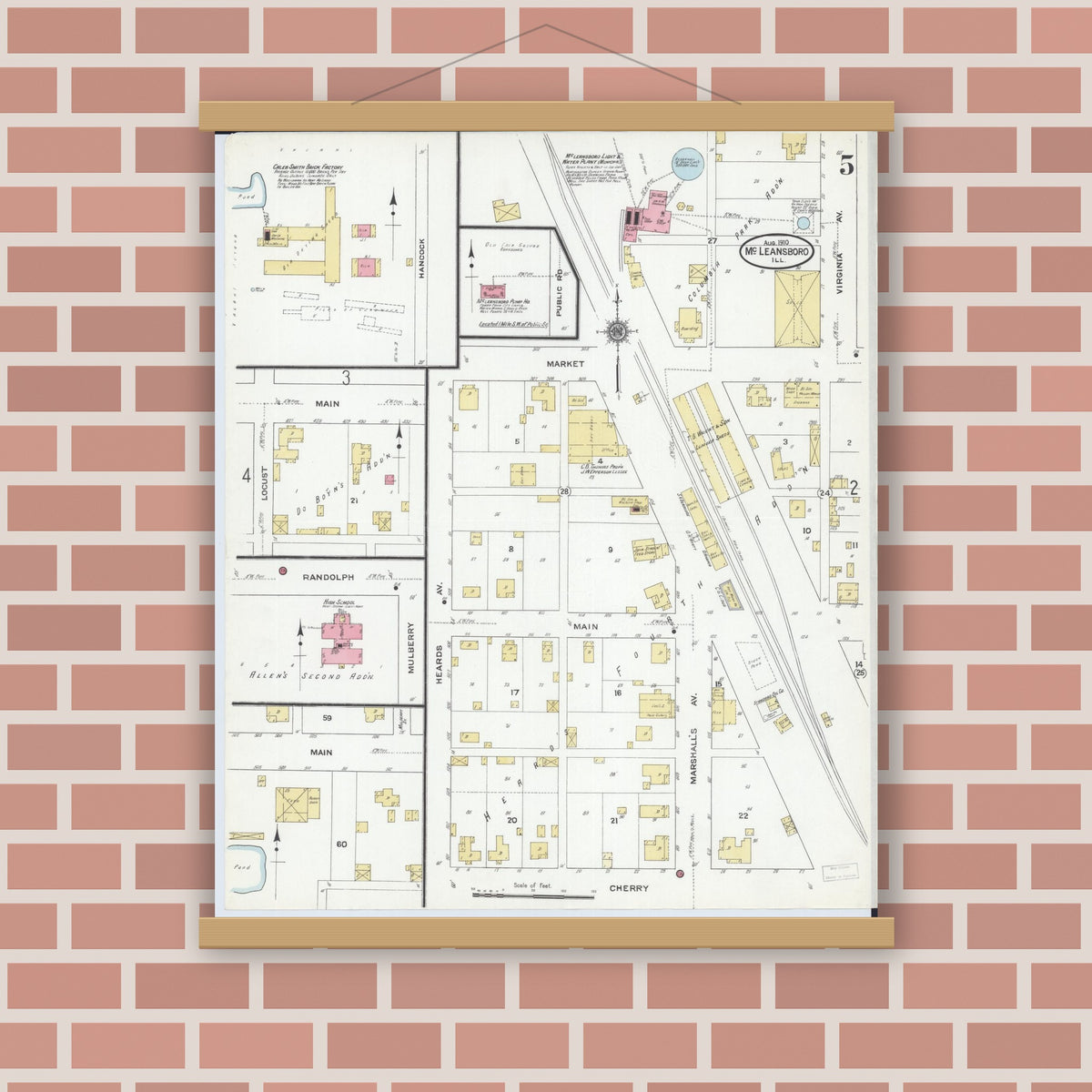Old map wall art mockup — magnetic wood frame on brick wall — Sanborn Fire Insurance Map from Mcleansboro, Hamilton County, Illinois (1910), Sheet #0005