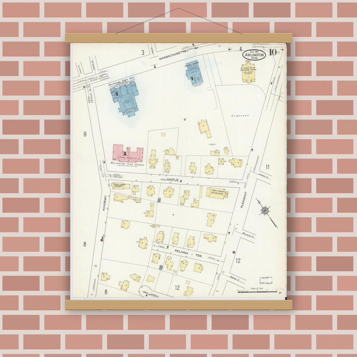 Old map wall art mockup — magnetic wood frame on brick wall — Sanborn Fire Insurance Map from Arlington, Middlesex County, Massachusetts (1914), Sheet #0010