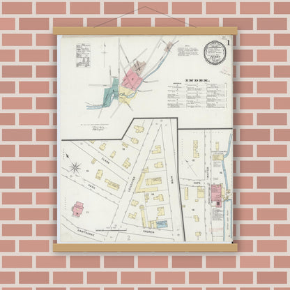 Old map wall art mockup — magnetic wood frame on brick wall — Sanborn Fire Insurance Map from Perry, Wyoming County, New York (1894), Sheet #0001