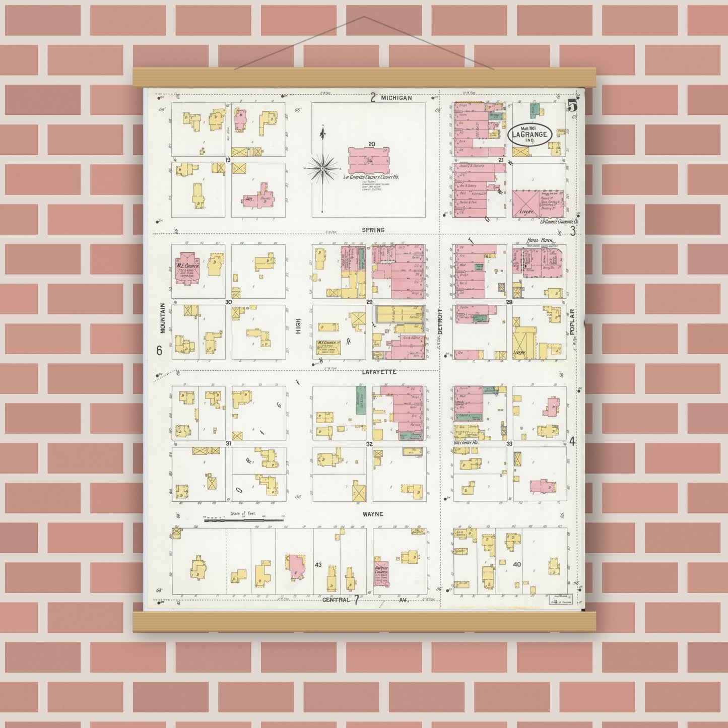 Old map wall art mockup — magnetic wood frame on brick wall — Sanborn Fire Insurance Map from Lagrange, LaGrange County, Indiana (1901), Sheet #0005