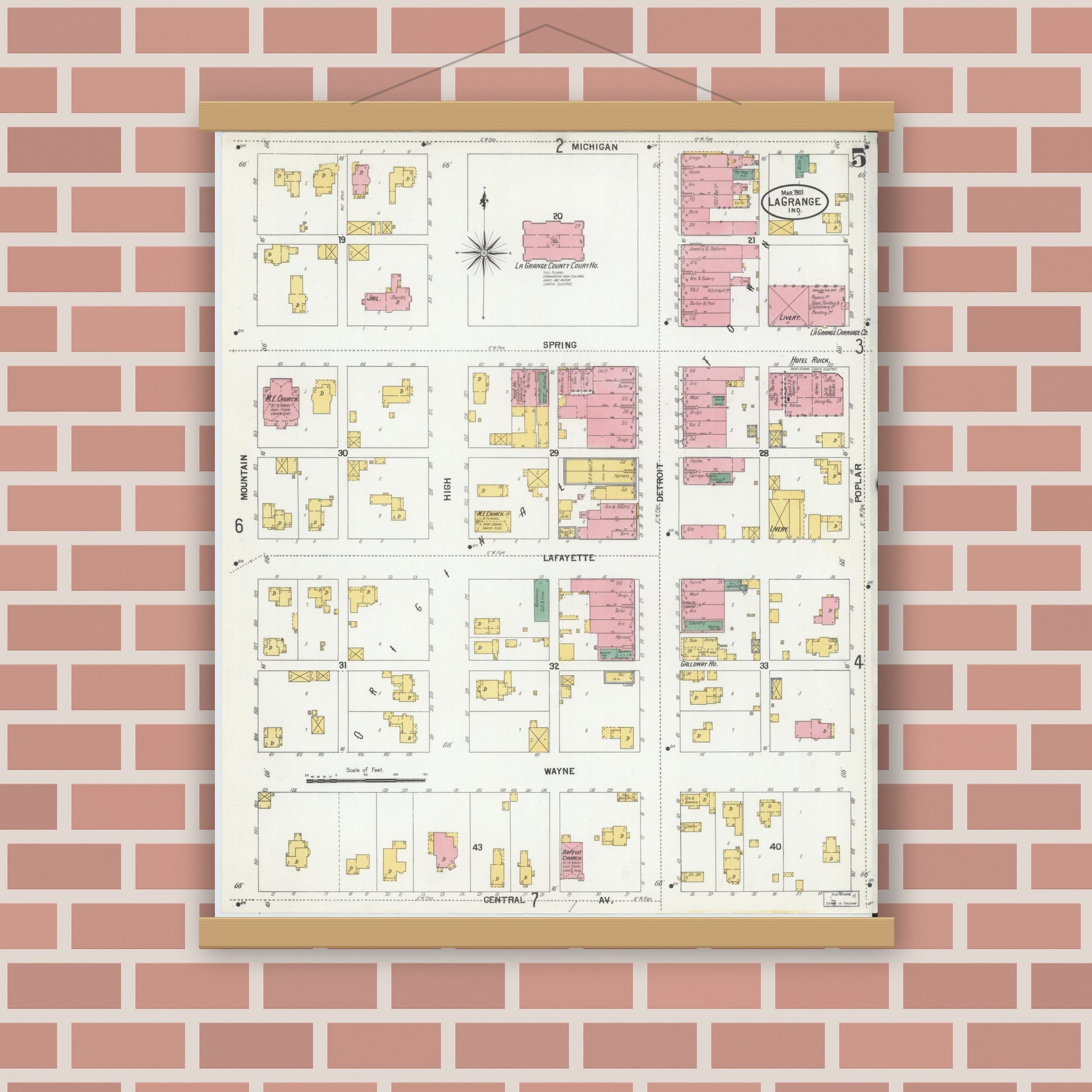 Old map wall art mockup — magnetic wood frame on brick wall — Sanborn Fire Insurance Map from Lagrange, LaGrange County, Indiana (1901), Sheet #0005