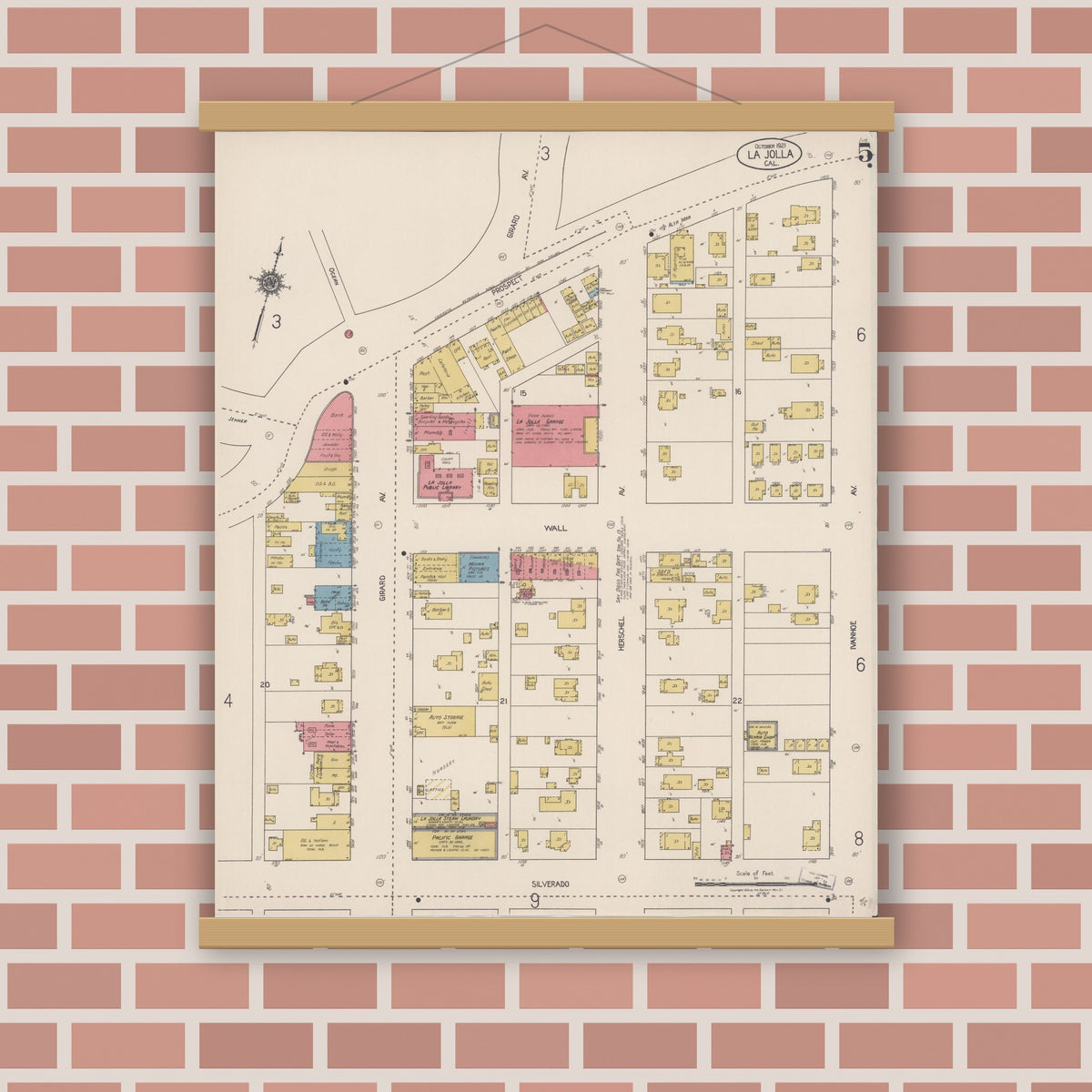 Old map wall art mockup — magnetic wood frame on brick wall — Sanborn Fire Insurance Map from La Jolla, San Diego County, California (1921), Sheet #0005