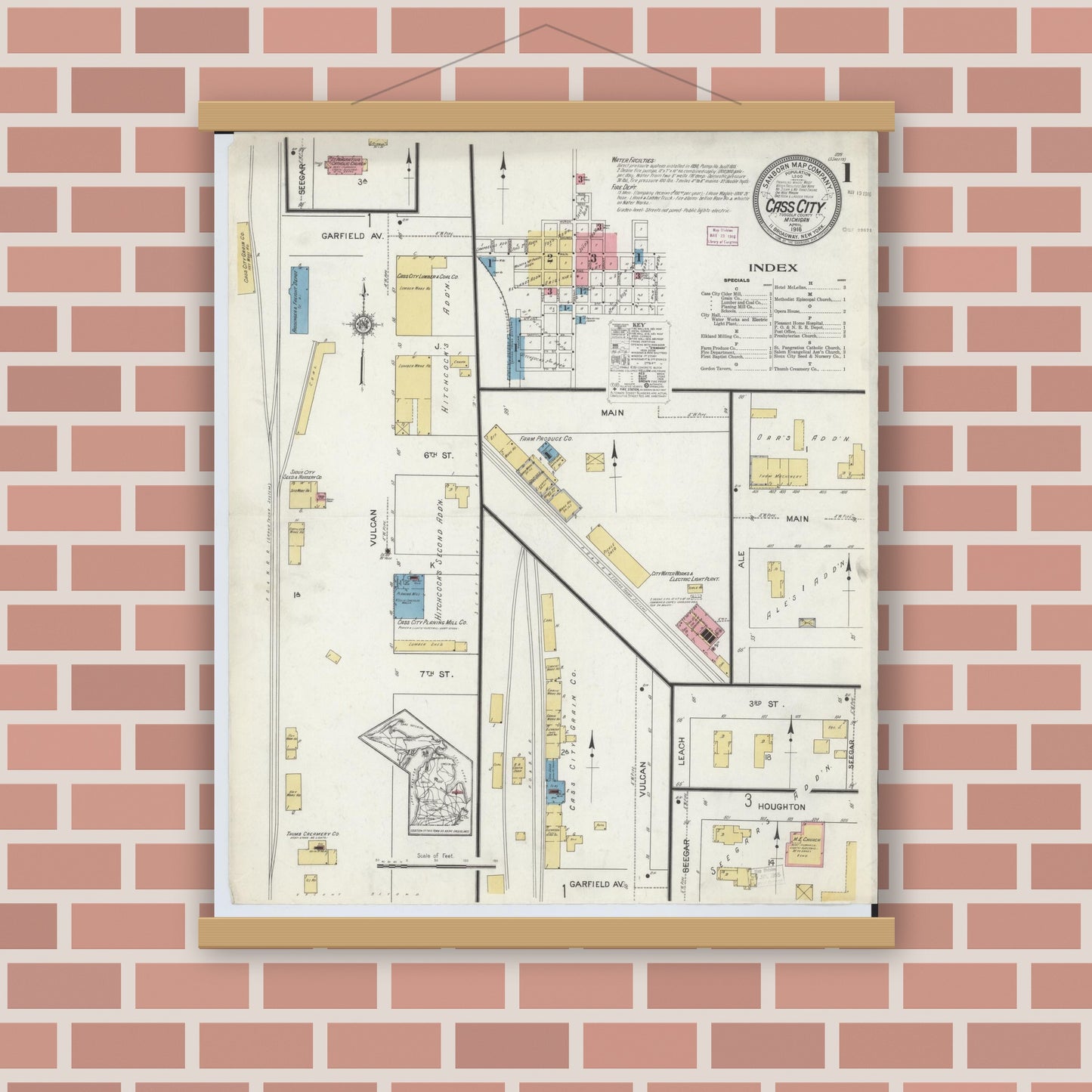 Old map wall art mockup — magnetic wood frame on brick wall — Sanborn Fire Insurance Map from Cass City, Tuscola County, Michigan (1916) - Complete Map Set