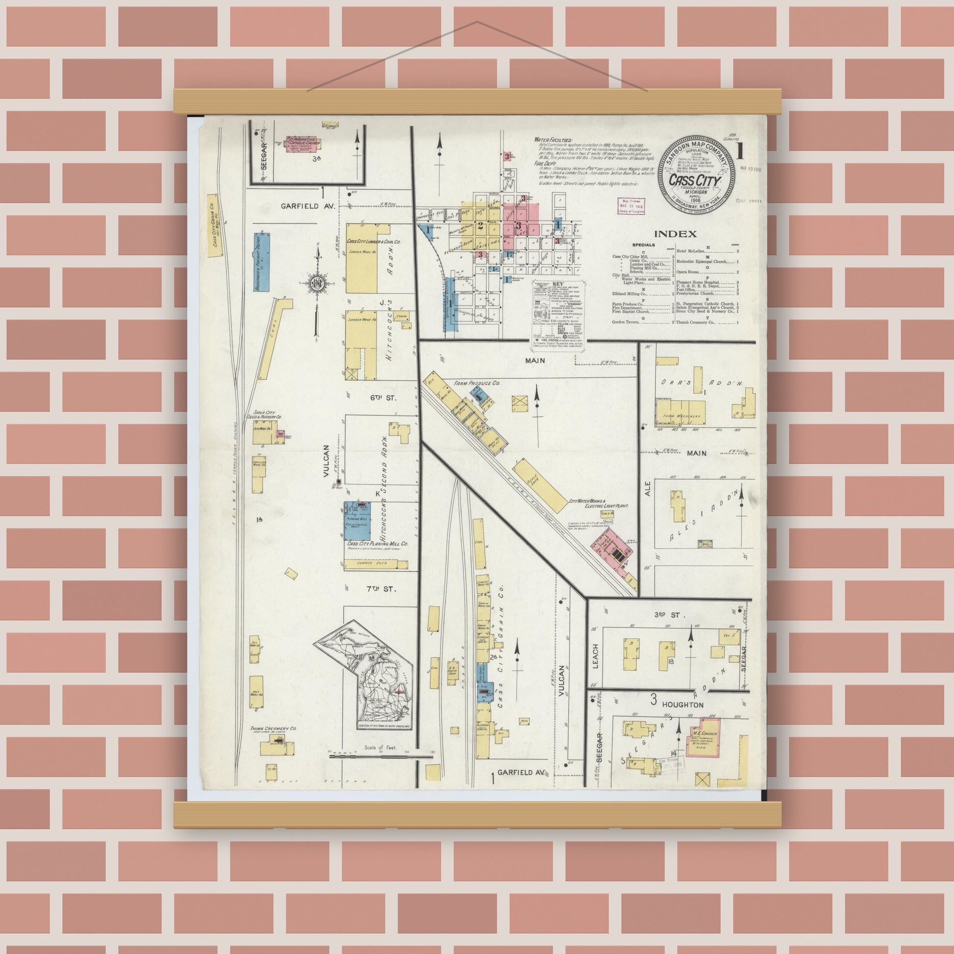 Old map wall art mockup — magnetic wood frame on brick wall — Sanborn Fire Insurance Map from Cass City, Tuscola County, Michigan (1916) - Complete Map Set